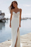Mermaid Appliqued Ivory Spaghetti Straps Long Wedding Dress with Slit