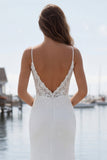 Mermaid Appliqued Ivory Spaghetti Straps Long Wedding Dress with Slit