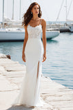 Ivory Spaghetti Straps Mermaid Appliqued Long Wedding Dress with Slit