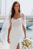 Ivory Spaghetti Straps Mermaid Appliqued Long Wedding Dress with Slit
