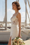 Mermaid Ivory Satin Appliqued Spaghetti Straps Wedding Dress with Slit