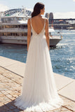 Ivory A Line Appliqued Pleated Tulle Long  Wedding Dress with Slit