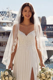 Ivory A Line Appliqued Pleated Tulle Long  Wedding Dress with Slit