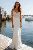 Ivory Sheath Appliqued Spaghetti Straps Wedding Dress with Sweep Train