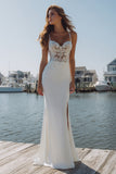 Ivory Mermaid Appliqued Satin Long Wedding Dress with Slit