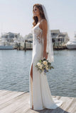 Ivory Mermaid Appliqued Satin Long Wedding Dress with Slit