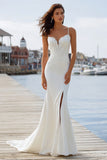 Ivory Mermaid Spaghetti Straps Appliqued Sweep Train Wedding Dress