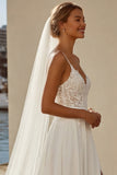 Ivory A Line Chiffon Lace Sweep Train Wedding Dress