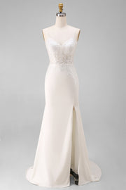 Ivory Mermaid Spaghetti Straps Lace Satin Sweep Train Wedding Dress