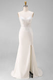 Ivory Mermaid Spaghetti Straps Lace Satin Sweep Train Wedding Dress