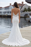 Ivory Mermaid Spaghetti Straps Lace Satin Sweep Train Wedding Dress