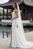 Ivory Mermaid Spaghetti Straps Lace Satin Sweep Train Wedding Dress