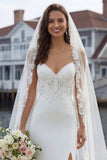 Ivory Mermaid Spaghetti Straps Lace Satin Sweep Train Wedding Dress