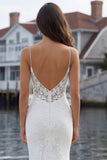Ivory Mermaid Spaghetti Straps Lace Satin Sweep Train Wedding Dress
