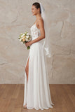 A Line Ivory Spaghetti Straps Lace Sweep Train Wedding Dress