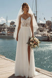 Ivory A Line Lace Sweep Train Wedding Dress with Slit