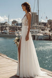 Ivory A Line Lace Sweep Train Wedding Dress with Slit