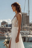 Ivory A Line Lace Sweep Train Wedding Dress with Slit