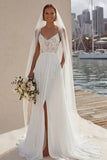 Ivory Lace A Line Sweep Train Wedding Dress with Slit