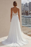 Ivory Lace A Line Sweep Train Wedding Dress with Slit