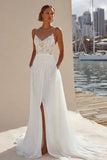Ivory Lace A Line Sweep Train Wedding Dress with Slit