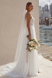 Ivory Lace A Line Sweep Train Wedding Dress with Slit