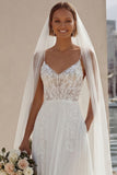 Ivory Lace A Line Sweep Train Wedding Dress with Slit