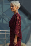 Lace Burgundy Sheath Mother of the Bride Dress with Long Sleeve