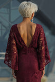 Lace Burgundy Sheath Mother of the Bride Dress with Long Sleeve