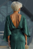 Pine Jacquard Sheath Ruched Mother of the Bride Dress with Half Sleeve
