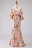 Dusty Rose Flower Printed Sheath Satin Mother of the Bride Dress with Flared Sleeves