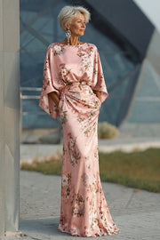 Dusty Rose Flower Printed Sheath Satin Mother of the Bride Dress with Flared Sleeves