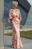 Dusty Rose Flower Printed Sheath Satin Mother of the Bride Dress with Flared Sleeves