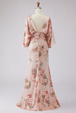 Dusty Rose Flower Printed Sheath Satin Mother of the Bride Dress with Flared Sleeves