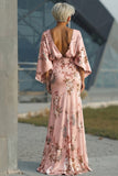 Dusty Rose Flower Printed Sheath Satin Mother of the Bride Dress with Flared Sleeves
