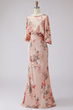 Dusty Rose Flower Printed Sheath Satin Mother of the Bride Dress with Flared Sleeves