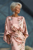 Dusty Rose Flower Printed Sheath Satin Mother of the Bride Dress with Flared Sleeves