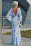 Dusty Rose Floral Chiffon Mother of the Bride Dress with Flared Sleeves