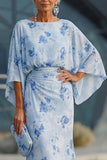Blue Flower Bateau Neck Sheath Long Mother Of the Bride Dress with Half Sleeves