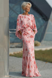 Blue Flower Bateau Neck Sheath Long Mother Of the Bride Dress with Half Sleeves