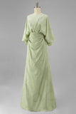 Sage Green Floral Sheath Mother of the Bride Dress with Flared Sleeves