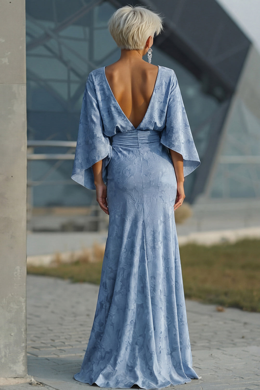Zapaka Women Dusty Blue Floral Mother of the Bride Dress with Flared Sleeves Sheath Ruched Wedding Guest Dress, Dusty Blue / US18W