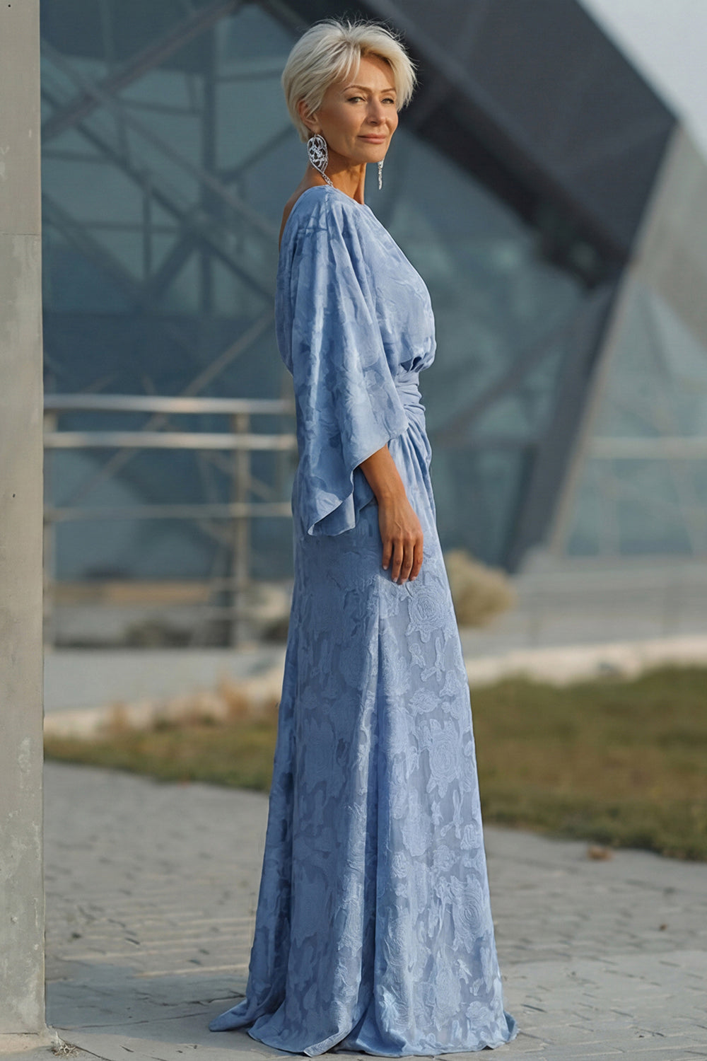 blue floral mother of the bride dress Zapaka Women Dusty Blue Floral Mother of the Bride Dress with Flared Sleeves Sheath Ruched Wedding Guest Dress, Dusty Blue / US18W