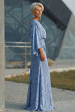 Dusty Blue Floral Sheath Ruched Mother of the Bride Dress with Flared Sleeves