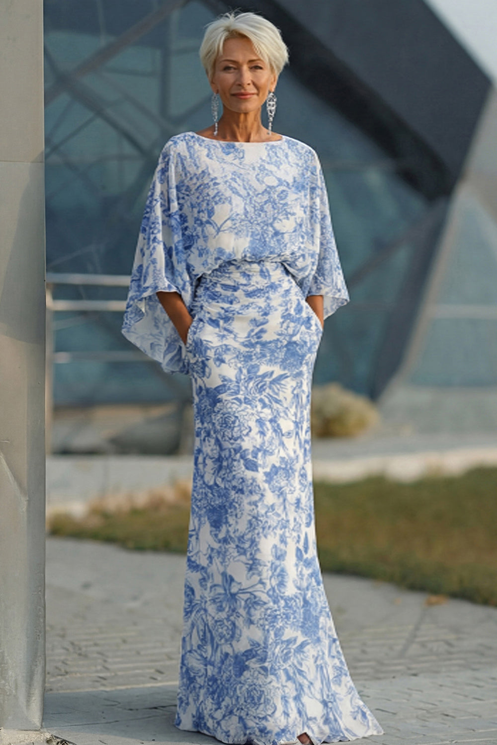 mother of bride flowy dress Chiffon Dress for Women Party Long Dresses Boat Neck Half Sleeve Mother of The Bride Dress Flowy Wedding Guest Dress Blue at Amazon Women's Clothing store