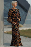 Brown Printed Sheath Ruched Mother of the Bride Dress with Flared Sleeves