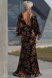 Brown Printed Sheath Ruched Mother of the Bride Dress with Flared Sleeves