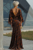 Brown Printed Sheath Ruched Mother of the Bride Dress with Flared Sleeves