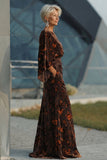 Brown Printed Sheath Ruched Mother of the Bride Dress with Flared Sleeves