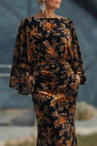 Brown Printed Sheath Ruched Mother of the Bride Dress with Flared Sleeves